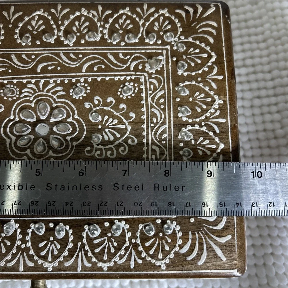 Teak Wood Hand Painted Box Embellished Approx 9.5x7.5x4.5 inches